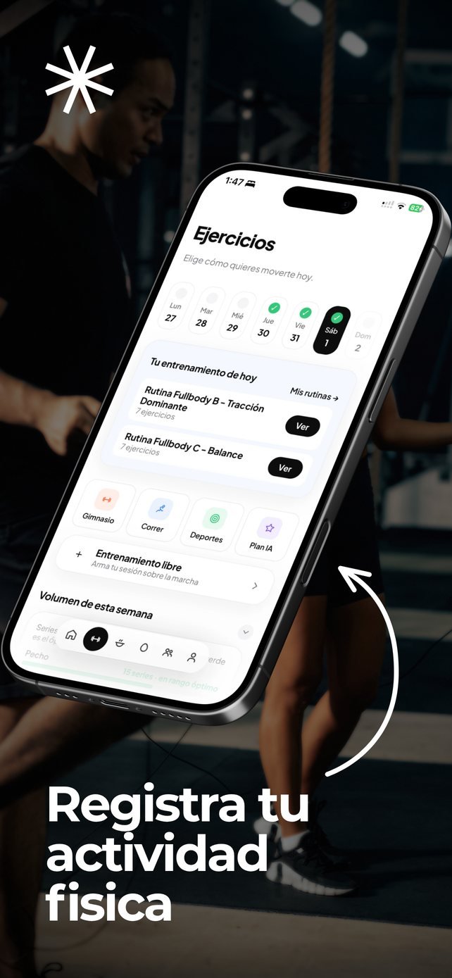 Pantalla de ejercicios de GYMOTAKU con rutinas de gimnasio, correr y deportes
