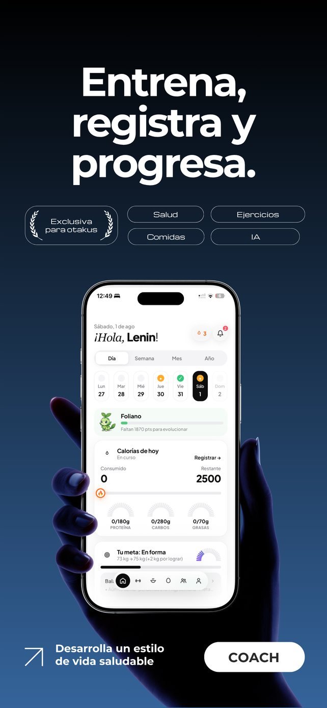 Pantalla de inicio de la app GYMOTAKU con calorías, macros y el compañero del día