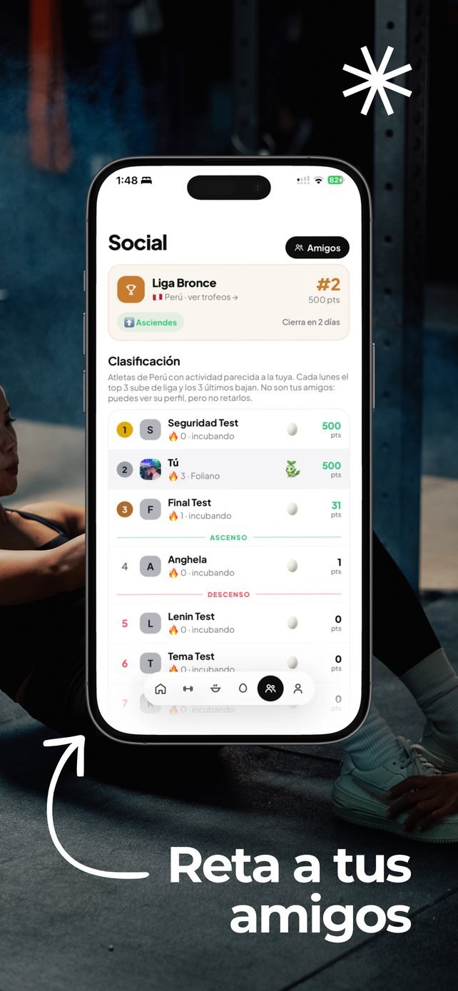 Pantalla social de GYMOTAKU con la clasificación de la liga semanal